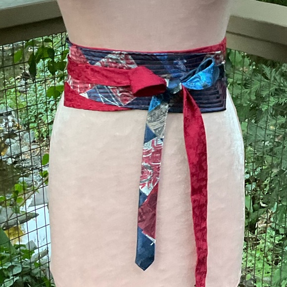 Blue Red geometric shimmer Japanese Obi style reused men’s silk ties wrap belt - Picture 4 of 13